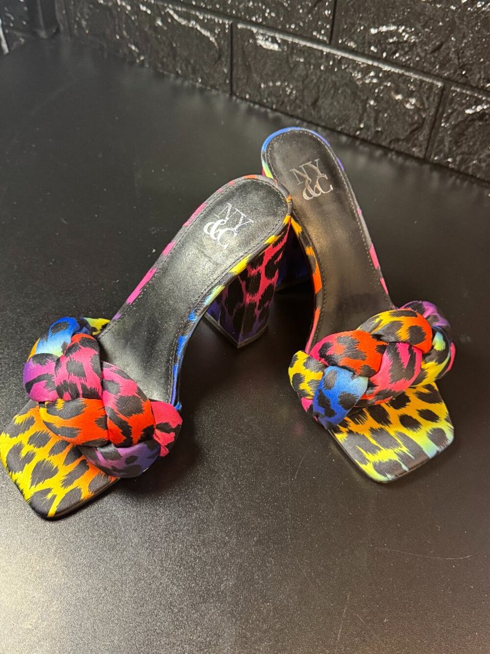 NY & Company  Rainbow Leopard Print Braided Block Heel Mules
